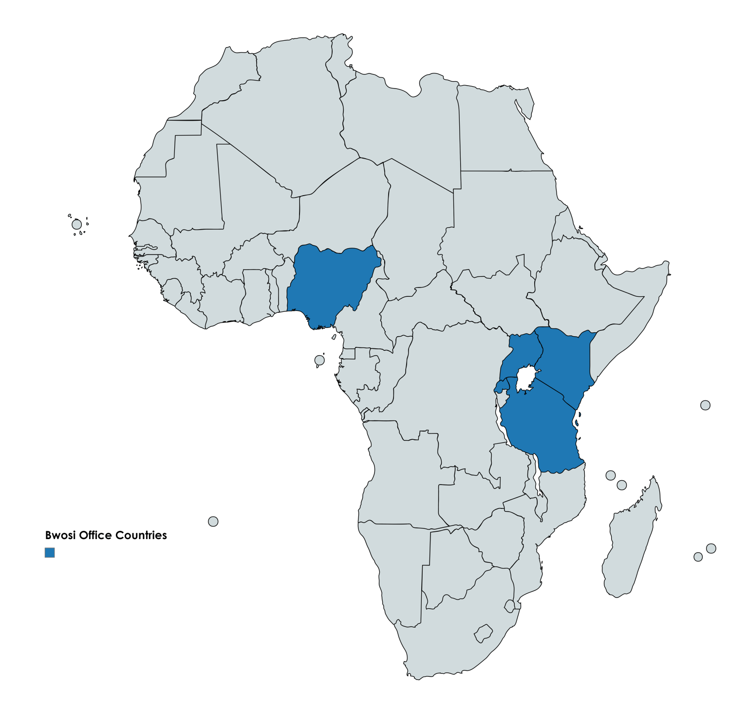 Map of Africa highlighting Bwosi Investments office countries: Nigeria, Uganda, and Tanzania